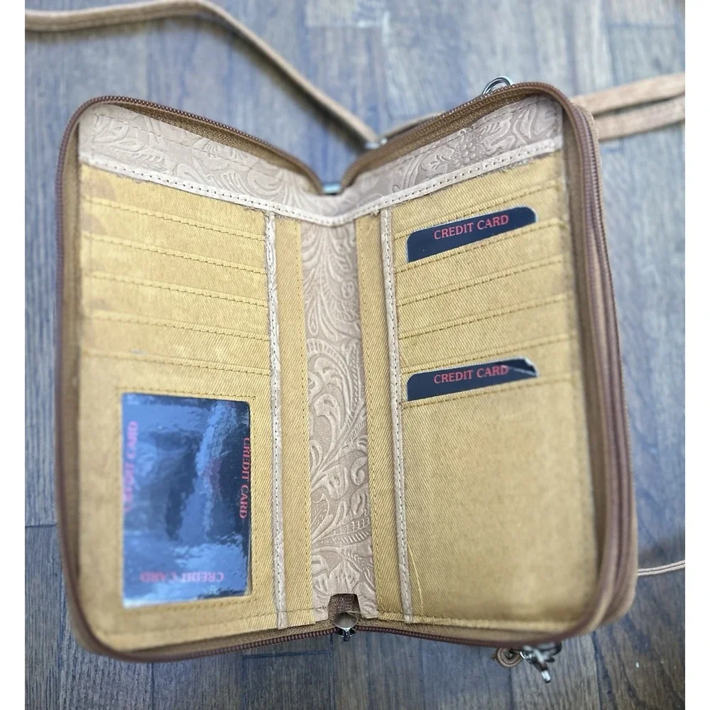 Bueno of California Embossed Floral Wallet on a String Crossbody Bag Tan